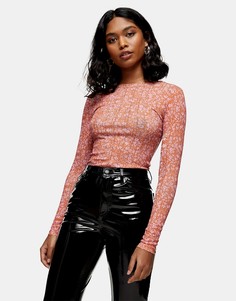 Рыже-розовый сетчатый топ с цветочным принтом и длинными рукавами Topshop-Оранжевый