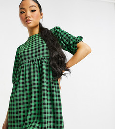 Зеленое платье с присборенной юбкой в клетку с пышными рукавами New Look Petite-Зеленый цвет