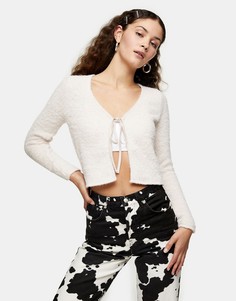 Пушистый кардиган цвета слоновой кости с завязкой спереди Topshop-Розовый цвет