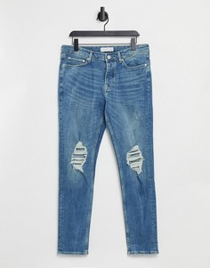 Выбеленные зауженные джинсы голубого цвета с рваной отделкой Topman-Голубой