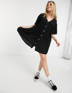 Черное платье мини на пуговицах с присборенной отделкой ASOS DESIGN-Черный цвет