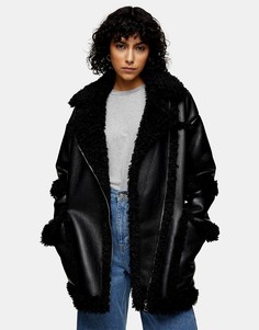 Черная oversized-куртка из искусственной кожи с отделкой искусственным мехом Topshop-Черный цвет