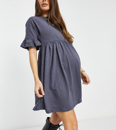 Темно-серое платье в стиле super oversized с присборенной юбкой и оборками на рукавах ASOS DESIGN Maternity-Серый