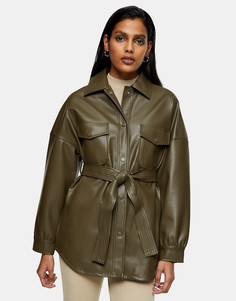 Куртка из искусственной кожи цвета хаки с поясом Topshop-Зеленый цвет