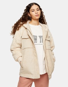 Кремовая куртка в стиле oversized из вельвета и искусственного меха с капюшоном Topshop-Белый