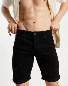 Черные зауженные джинсовые шорты со рваной отделкой Jack & Jones Intelligence-Черный цвет