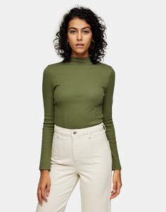 Топ с воротником-стойкой с длинными рукавами оливкового цвета Topshop-Зеленый цвет
