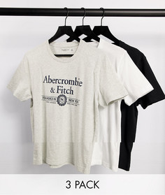 Набор из 3 футболок белого, серого меланжевого и черного цветов с большим логотипом на груди Abercrombie & Fitch-Многоцветный