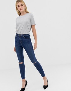 Темно-синие джинсы скинни с завышенной талией и рваными коленями ASOS DESIGN Ridley-Синий