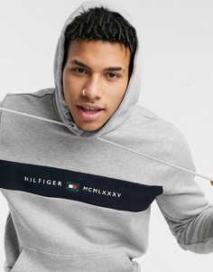 Серый меланжевый худи с логотипом-полоской на груди Tommy Hilfiger