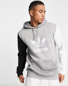 Серый худи в стиле колор блок с логотипом-трилистником adidas Originals