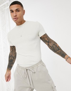 Бежевая облегающая футболка в комбинированный рубчик ASOS DESIGN-Нейтральный