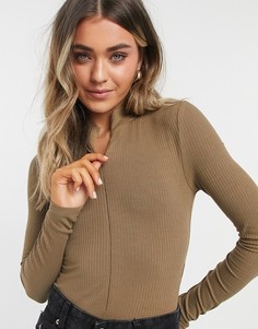 Боди оливкового цвета с воротником-стойкой и молнией Topshop-Коричневый цвет