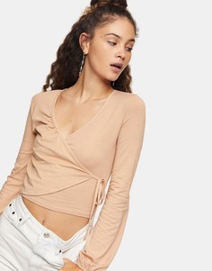 Пудрово-розовый топ в балетном стиле с длинными рукавами и запахом Topshop-Розовый цвет
