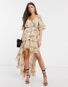 Многоярусное платье макси с оборками и цветочным принтом ASOS DESIGN-Neutral