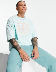 Пастельно-синяя футболка в стиле oversized с принтом с надписью и змеей ASOS DESIGN-Зеленый цвет