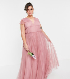 Платье макси розового цвета из тюля с глубоким вырезом и присборенными рукавами ASOS DESIGN Curve-Розовый цвет