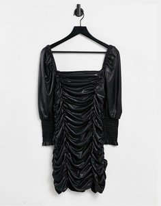 Черное платье из искусственной кожи с оборками Topshop-Черный цвет