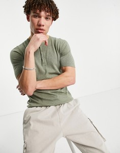 Обтягивающая футболка цвета хаки с горловиной на пуговицах ASOS DESIGN-Зеленый цвет