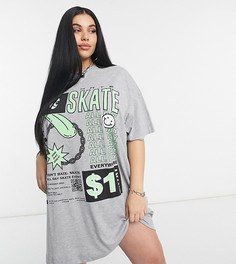 Серое меланжевое платье-футболка с надписью "Skate" COLLUSION Plus Exclusive-Серый