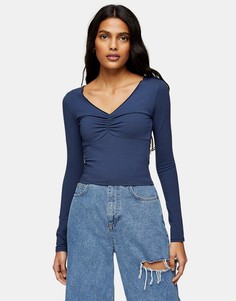 Темно-синий лонгслив со сборками спереди Topshop-Голубой