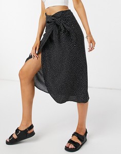 Черная юбка миди в белый горошек с запахом и завязками Monki Gab-Черный цвет