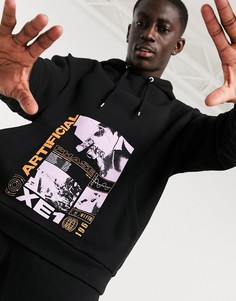Черный оversized-худи с принтом на кармане спереди ASOS DESIGN
