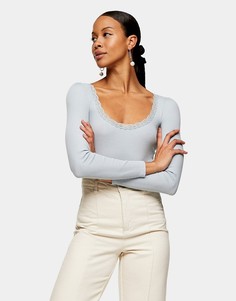 Голубой лонгслив с кружевной отделкой Topshop