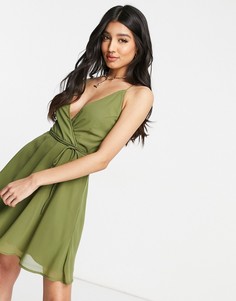 Платье мини цвета хаки на бретельках, с запахом и шнуровкой на спине ASOS DESIGN-Зеленый