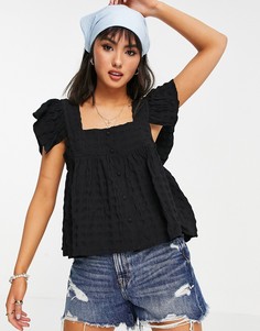 Черный фактурный топ на пуговицах с рукавами-фонариками и оборками ASOS DESIGN-Бесцветный