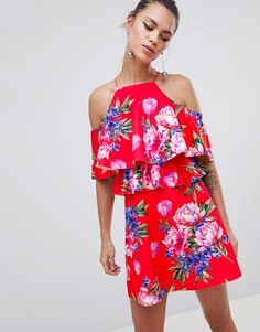 Короткое приталенное платье с цветочным принтом ASOS DESIGN-Мульти