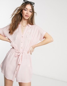 Розовое пляжное платье-рубашка мини с вышивкой River Island-Розовый цвет