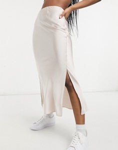 Нежно-розовая юбка миди из тонкого и гладкого атласа с разрезами ASOS DESIGN-Белый