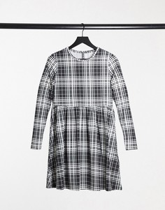 Платье мини с присборенной юбкой в черно-белую клетку с длинными рукавами Pieces Alberte-Черный