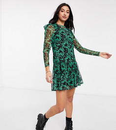 Бирюзовое платье мини из сетчатой ткани с запахом и цветочным принтом Topshop Tall-Черный цвет