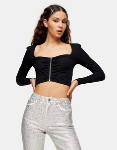 Черный топ на молнии спереди с объемными рукавами Topshop-Коричневый цвет