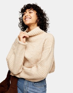 Вязаный укороченный джемпер светло-бежевого цвета с высоким воротом Topshop-Бежевый