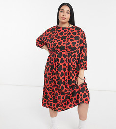 Оранжевое пятнистое oversized-платье с присборенной юбкой миди Native Youth Plus-Оранжевый цвет