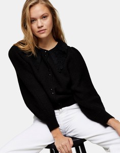 Черный вязаный кардиган с ажурным воротником Topshop-Черный цвет