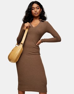 Темно-коричневое платье миди с воротником Topshop-Коричневый цвет