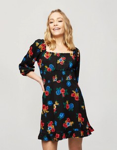 Черное приталенное платье мини со свободной юбкой и цветочным принтом Miss Selfridge-Черный цвет