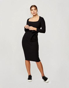 Черное платье миди в рубчик с длинными рукавами Miss Selfridge-Черный цвет