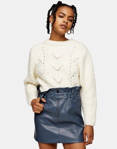 Голубая мини-юбка искусственной кожи с присборенной талией на молнии Topshop-Голубой