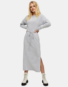 Серое платье миди в рубчик с поясом Topshop-Серый