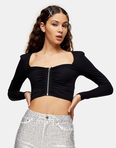 Черный кроп-топ на молнии спереди с вырезом сердечком Topshop-Черный цвет