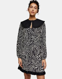 Монохромное чайное платье миди с принтом «зебра» и большим воротником Topshop-Черный цвет