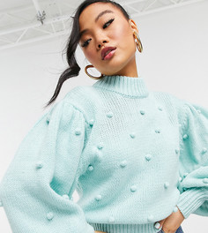 Мятный джемпер вязки c узором «шишечки» и объемными рукавами ASOS DESIGN Petite-Белый