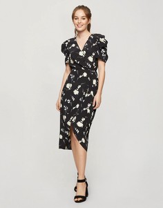 Черное платье миди с запахом и цветочным принтом Miss Selfridge-Черный цвет