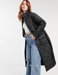 Черное длинное дутое пальто со стеганой отделкой Bershka-Черный цвет