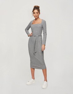 Серое трикотажное платье миди в рубчик Miss Selfridge-Серый